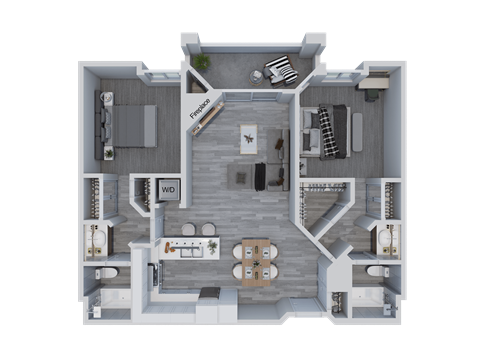 a 3d floor plan of a house with a bedroom and a living room
